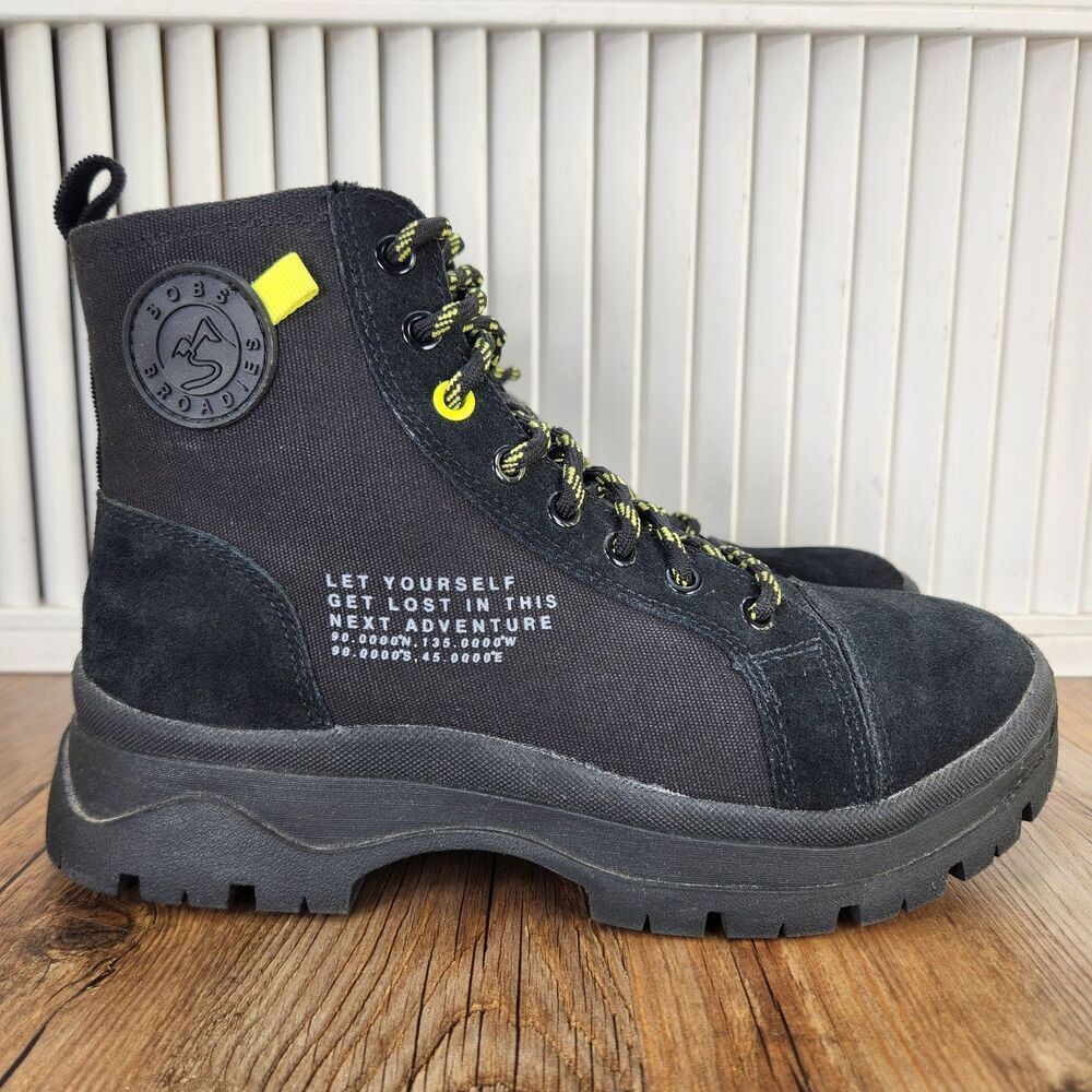 Skechers Bobs Broadies Combat Cutie Boots Womens Sz 8.5 Black Yellow Suede Ankle